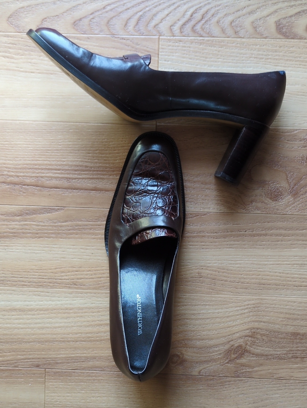 Worthington Dark Brown Croc-Embossed Leather Heel Loafers